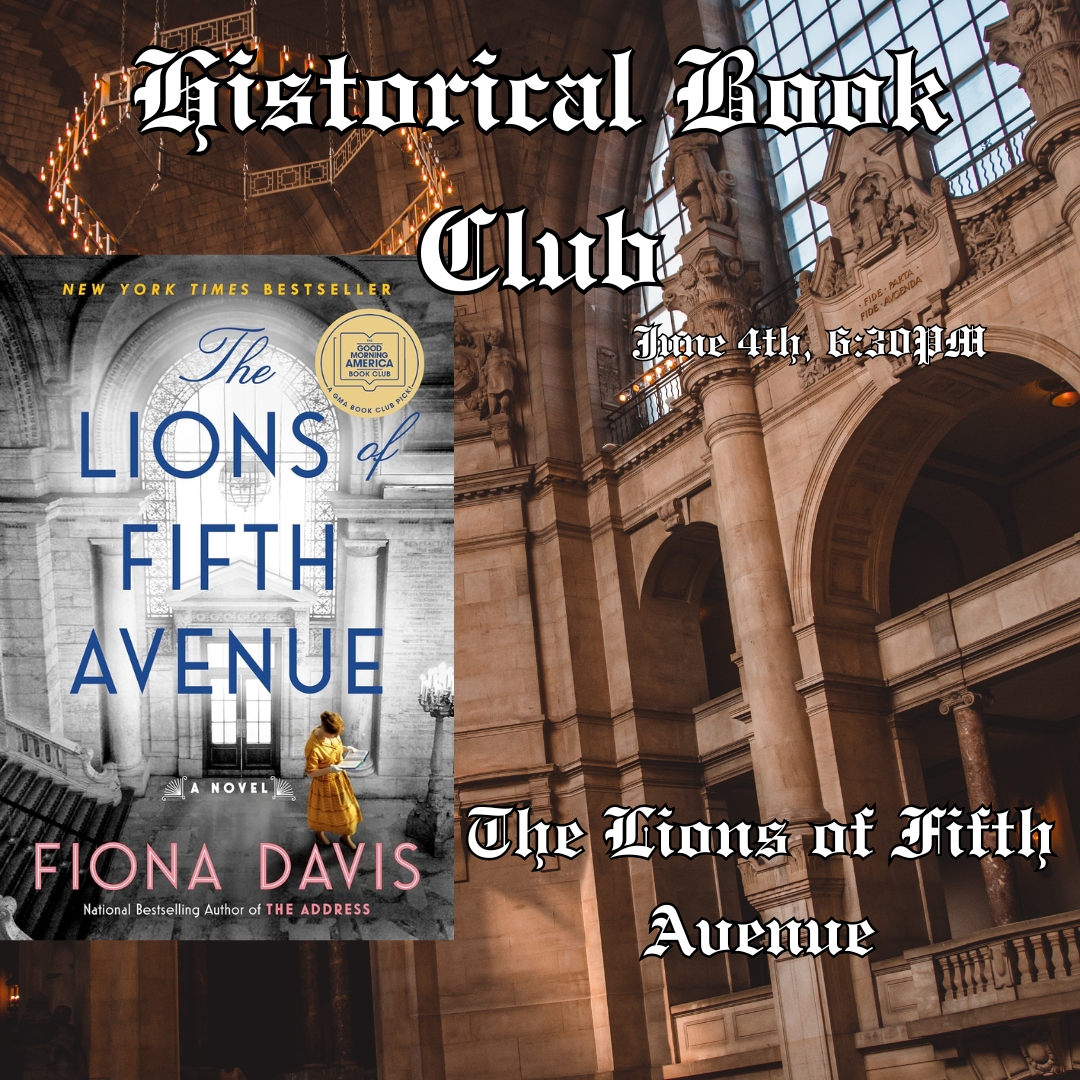 Old mansion with "Lions Of Fifth Avenue" book cover