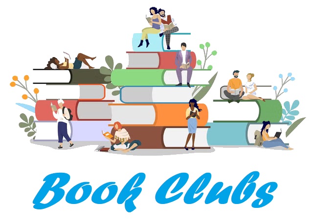 groups of people sitting on books reading, with the words Book Clubs underneath