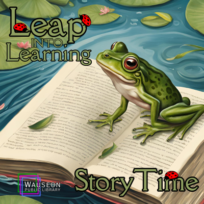 Frog sitting on a book with "LEAP INTO LEARNING" above him