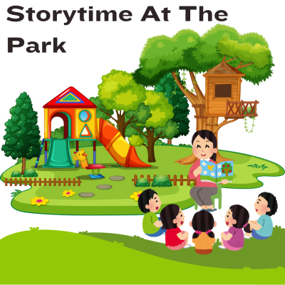 Librarian reading to a circle of children at the park. "Storytime At The Park"