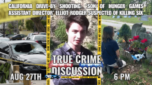 California drive-by shooting: 'son of Hunger Games Assistant Director' Elliot Rodger suspected of killing six Aug 27th True Crime Discussion 6 pm