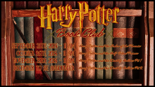 Bookshelf with the text "Harry Potter Book Club"