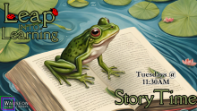 Frog sitting on a book with "LEAP INTO LEARNING" above him