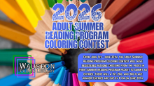 From June 1st - June 30th, the Adult Summer Reading Program Coloring Contest will have registered patrons choosing from the pages in their summer reading program packet to submit as entries. There will a 1st, 2nd, and 3rd place winner! Entries are due by 8 pm on June 30th.